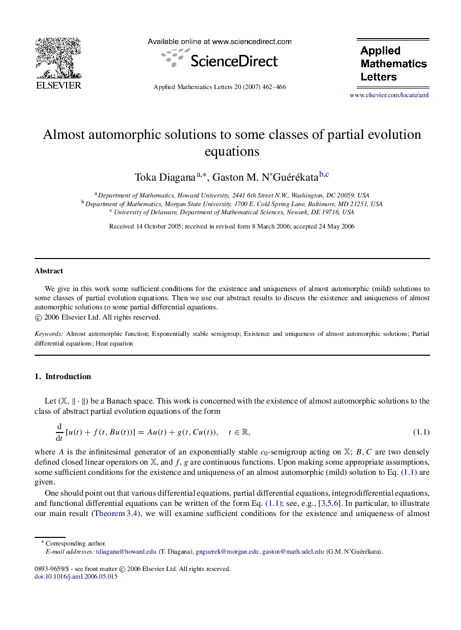عکس صفحه اول مقاله: Almost automorphic solutions to some classes of partial evolution equations Almost automorphic solutions to some classes of partial evolution equations