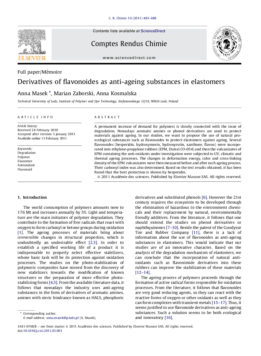 Derivatives of flavonoides as anti-ageing substances in elastomers