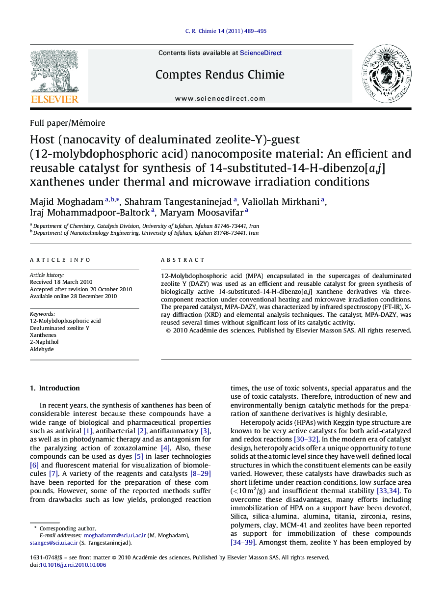 Host (nanocavity of dealuminated zeolite-Y)-guest (12-molybdophosphoric acid) nanocomposite material: An efficient and reusable catalyst for synthesis of 14-substituted-14-H-dibenzo[a,j] xanthenes under thermal and microwave irradiation conditions