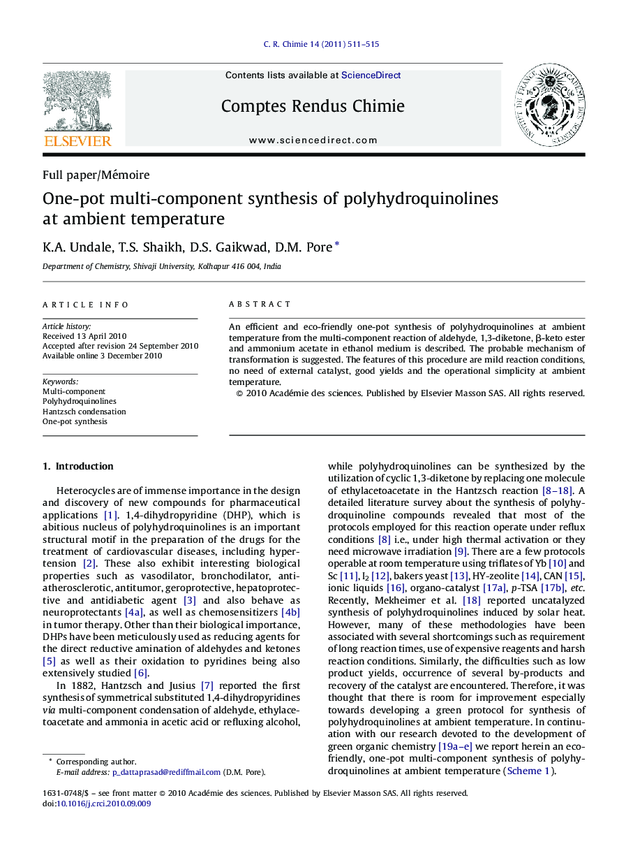 One-pot multi-component synthesis of polyhydroquinolines at ambient temperature