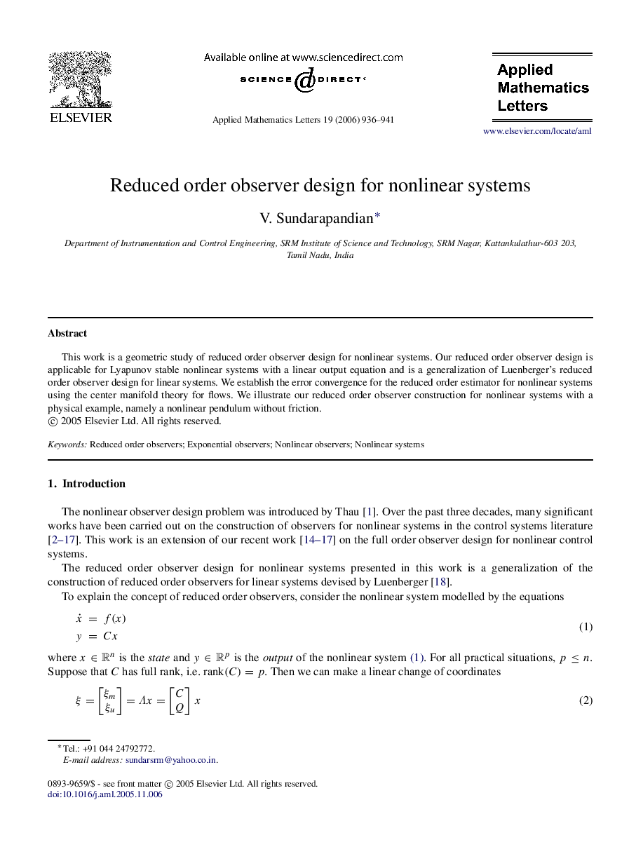 Reduced order observer design for nonlinear systems