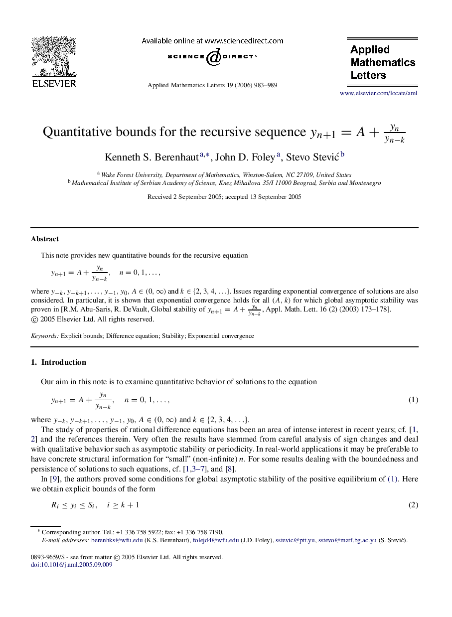 Quantitative bounds for the recursive sequence yn+1=A+ynyn−k