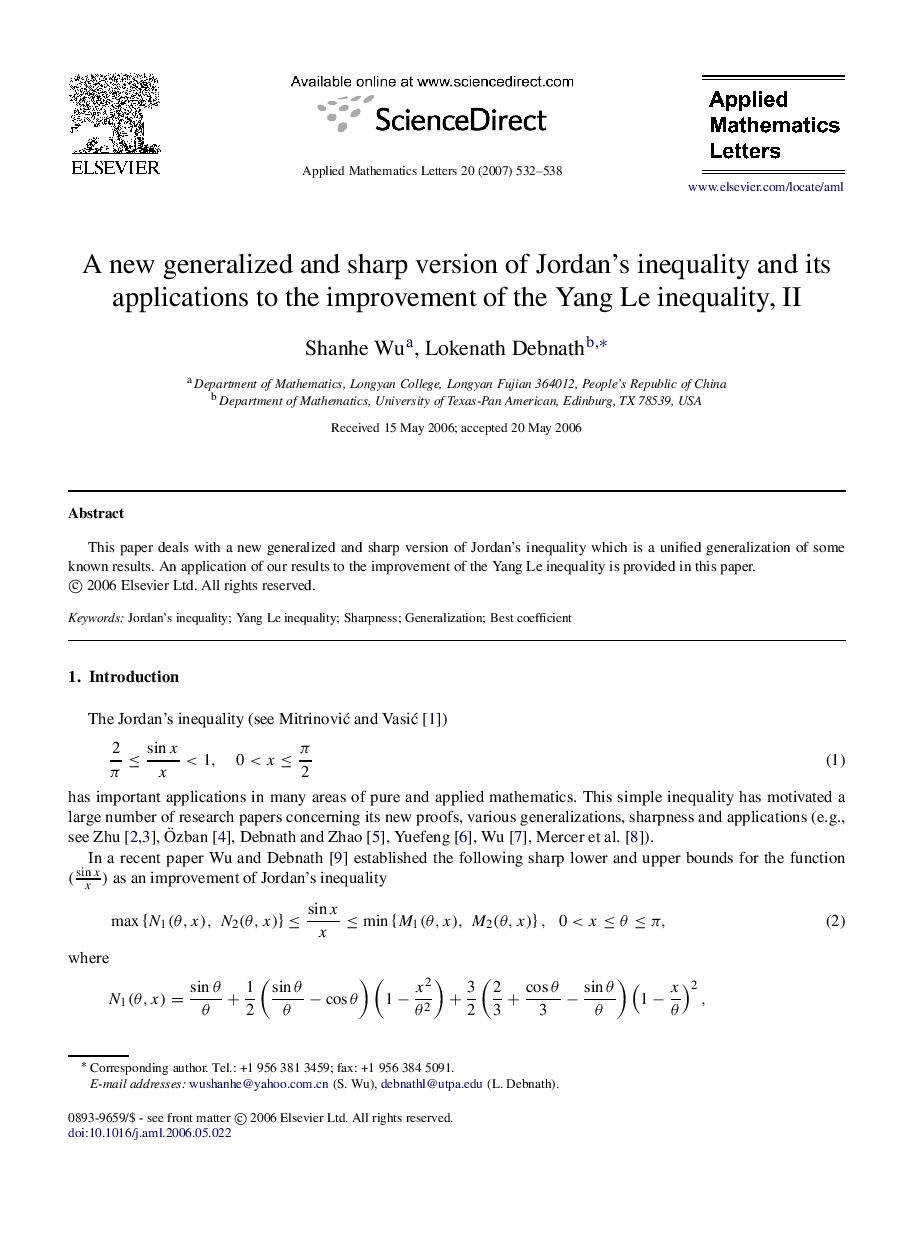 A new generalized and sharp version of Jordan’s inequality and its applications to the improvement of the Yang Le inequality, II