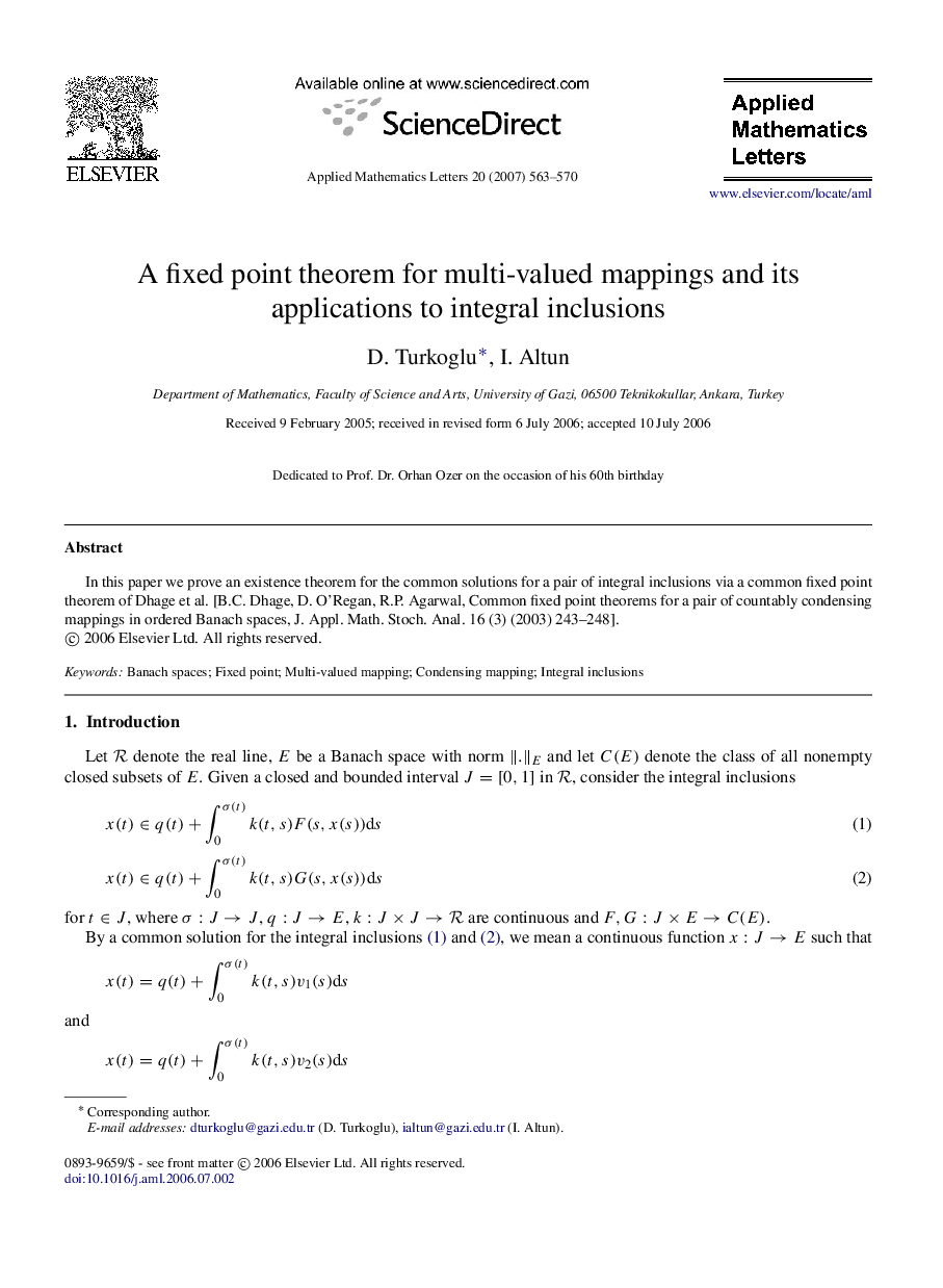 A fixed point theorem for multi-valued mappings and its applications to integral inclusions