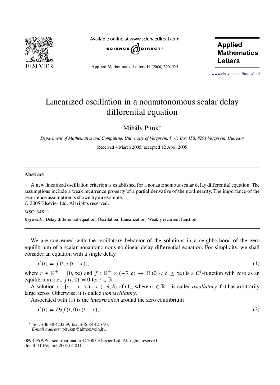 Linearized oscillation in a nonautonomous scalar delay differential equation