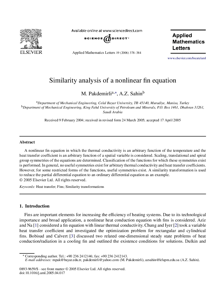 Similarity analysis of a nonlinear fin equation