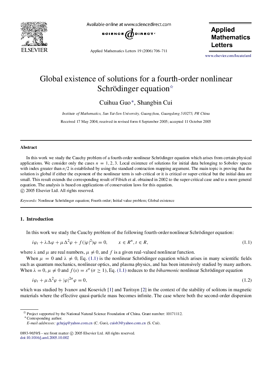 Global existence of solutions for a fourth-order nonlinear Schrödinger equation 