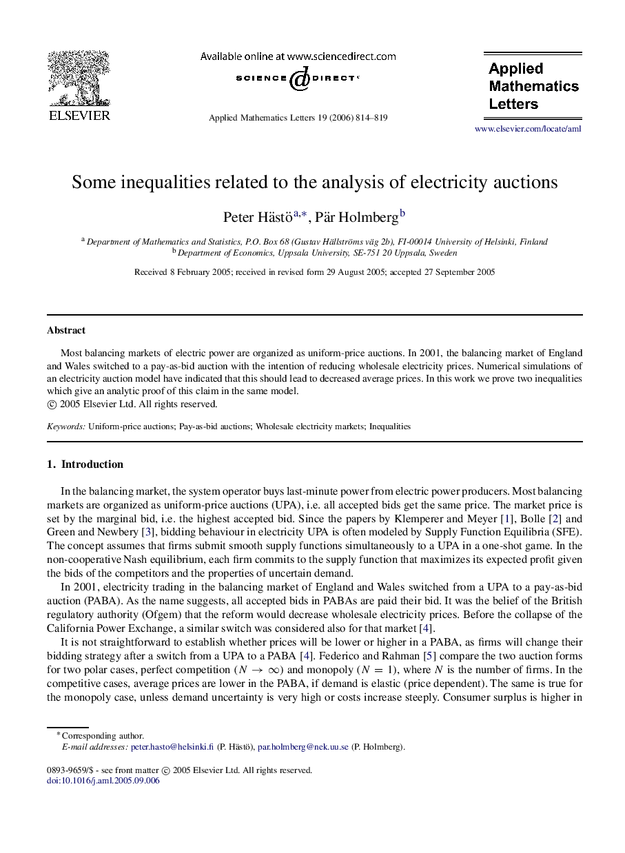 Some inequalities related to the analysis of electricity auctions