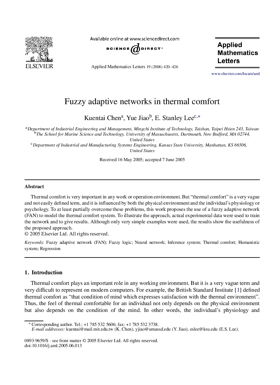 Fuzzy adaptive networks in thermal comfort