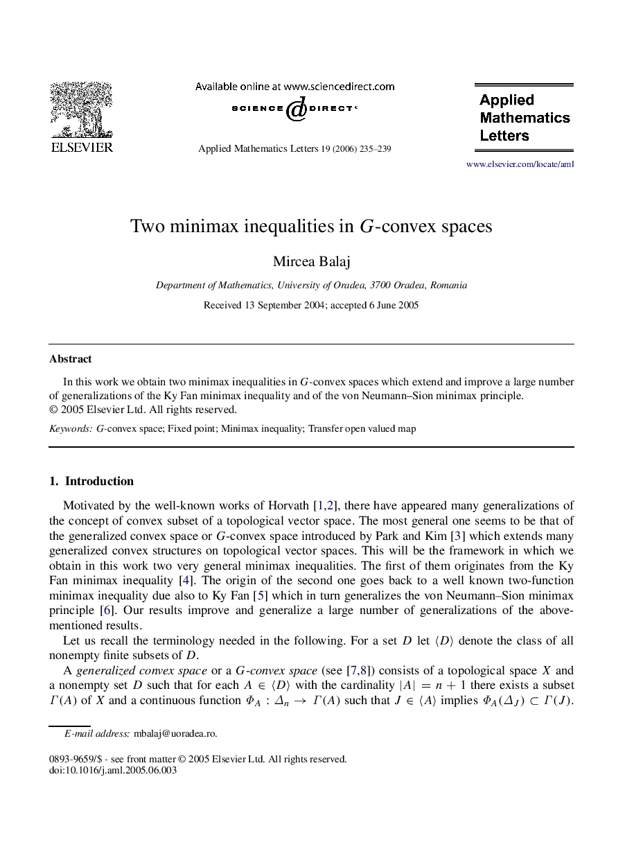 Two minimax inequalities in GG-convex spaces