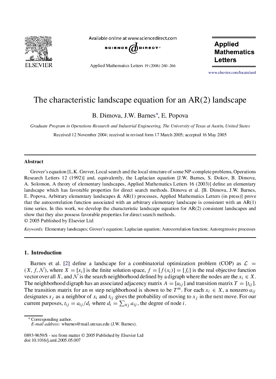 The characteristic landscape equation for an AR(2) landscape