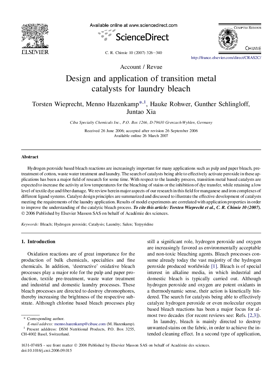 Design and application of transition metal catalysts for laundry bleach