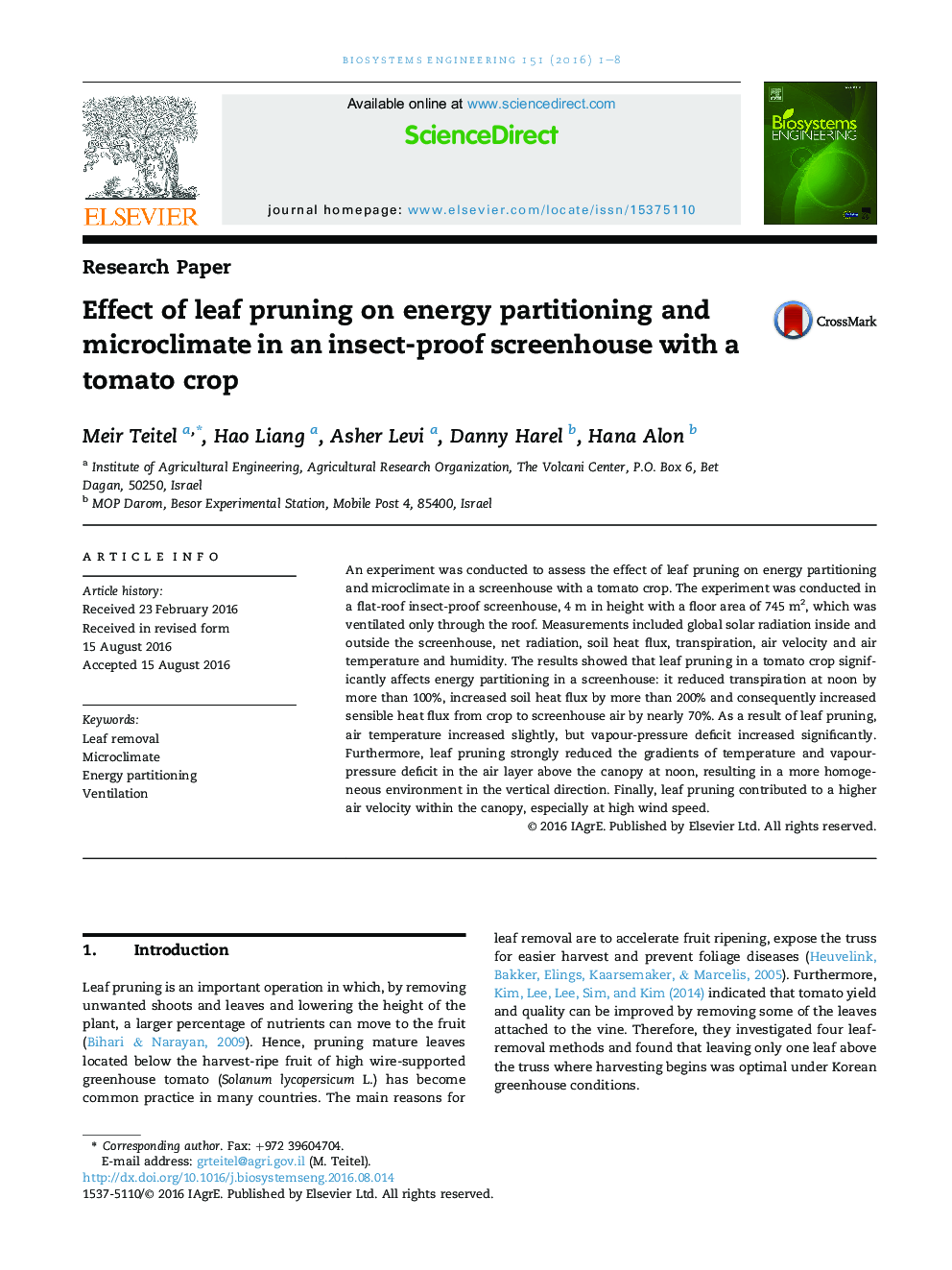 Effect of leaf pruning on energy partitioning and microclimate in an insect-proof screenhouse with a tomato crop