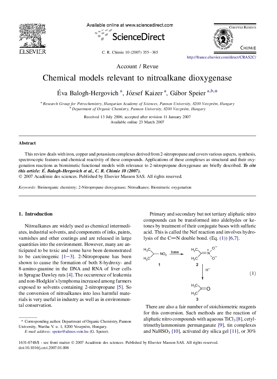 عکس صفحه اول مقاله: Chemical models relevant to nitroalkane dioxygenase Chemical models relevant to nitroalkane dioxygenase