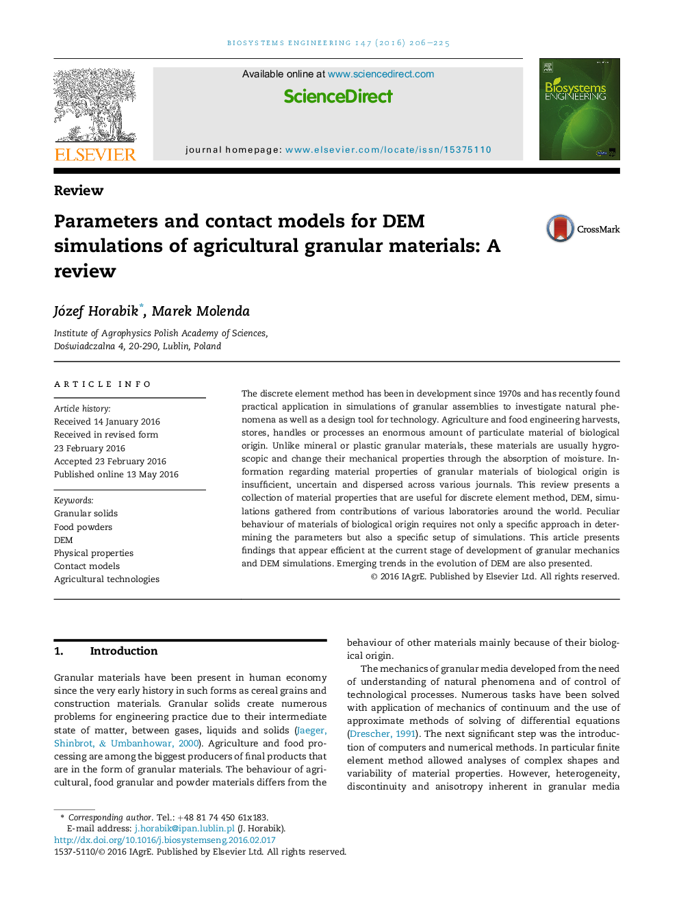 Parameters and contact models for DEM simulations of agricultural granular materials: A review