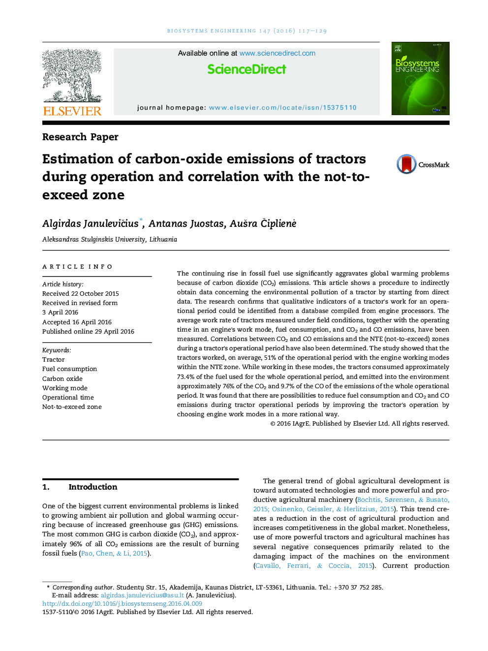 Estimation of carbon-oxide emissions of tractors during operation and correlation with the not-to-exceed zone