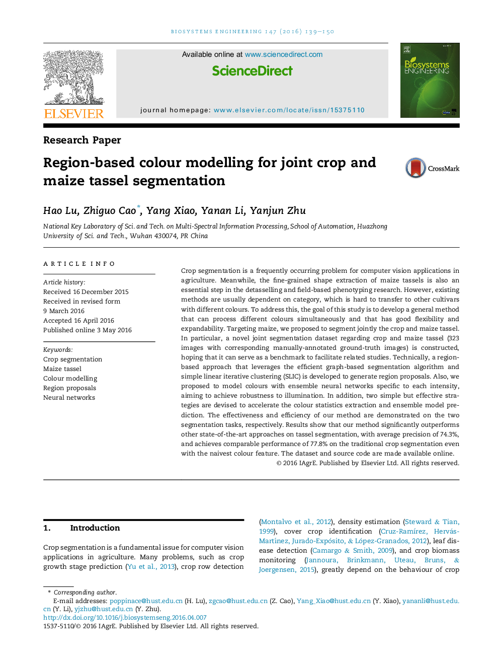 Region-based colour modelling for joint crop and maize tassel segmentation