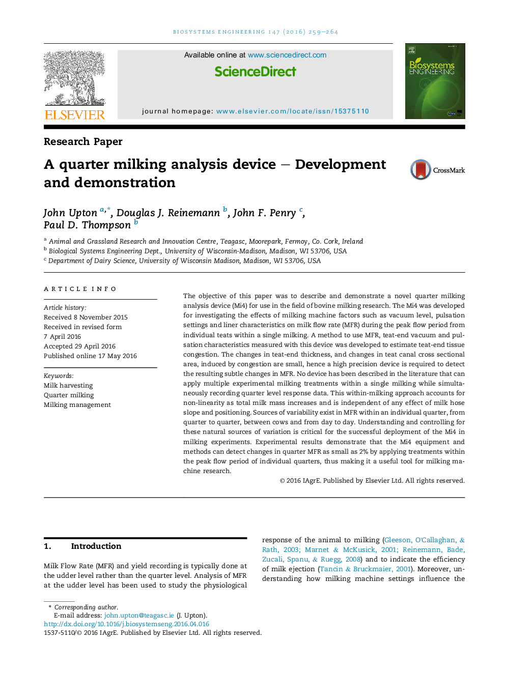 A quarter milking analysis device - Development and demonstration