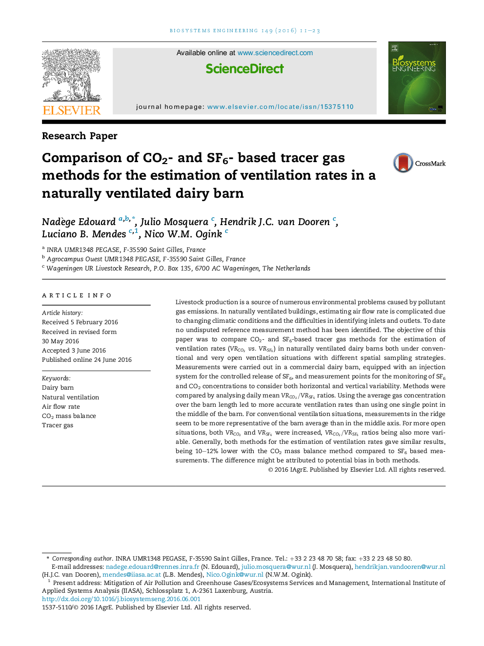 Comparison of CO2- and SF6- based tracer gas methods for the estimation of ventilation rates in a naturally ventilated dairy barn