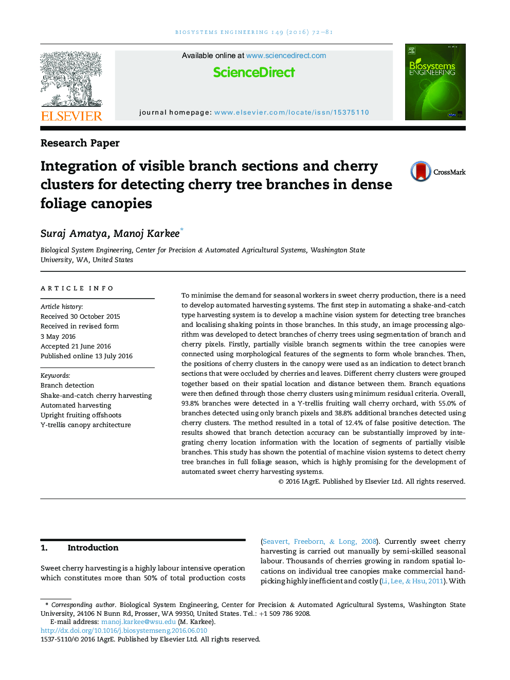 Integration of visible branch sections and cherry clusters for detecting cherry tree branches in dense foliage canopies