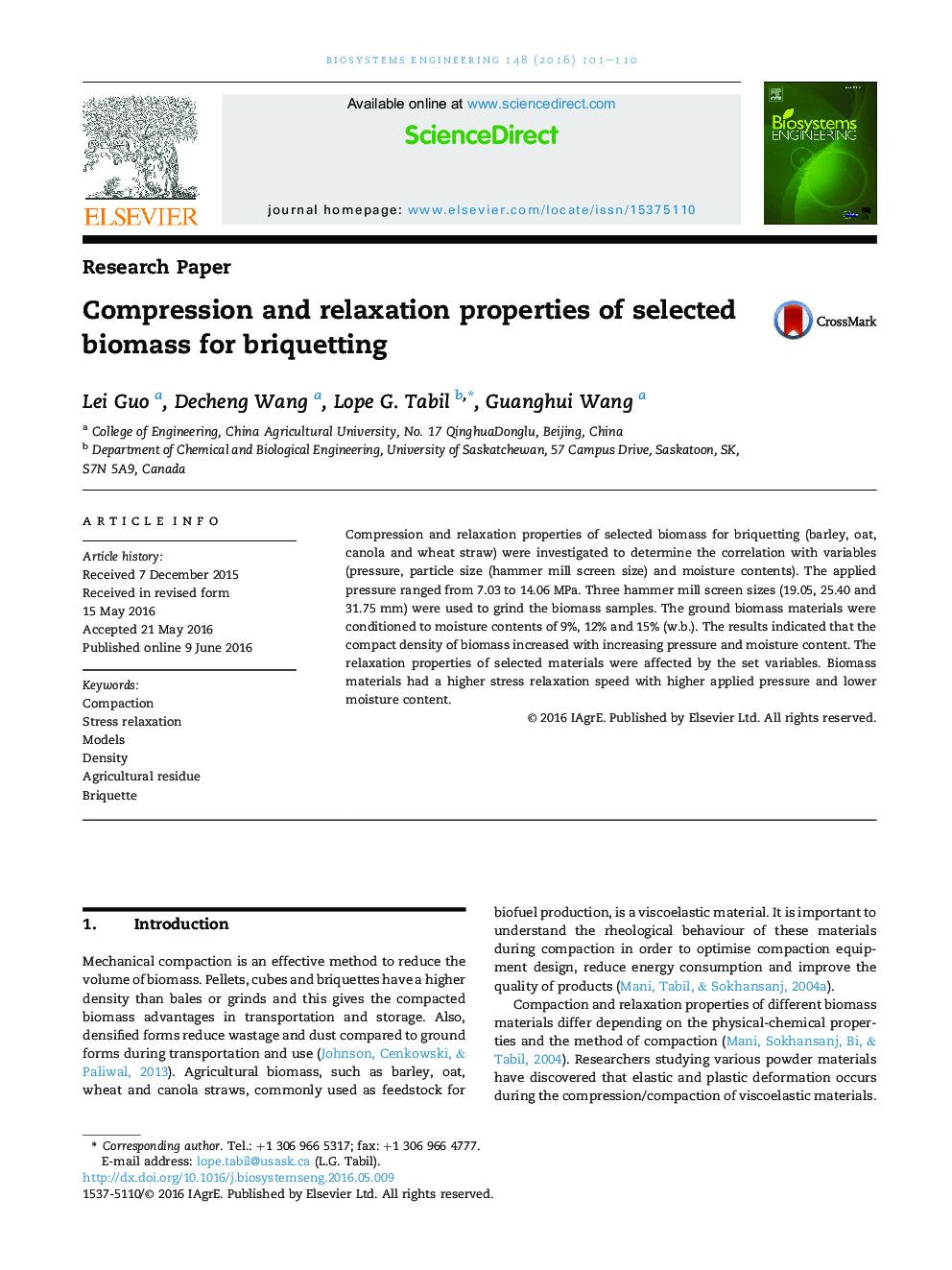 Compression and relaxation properties of selected biomass for briquetting