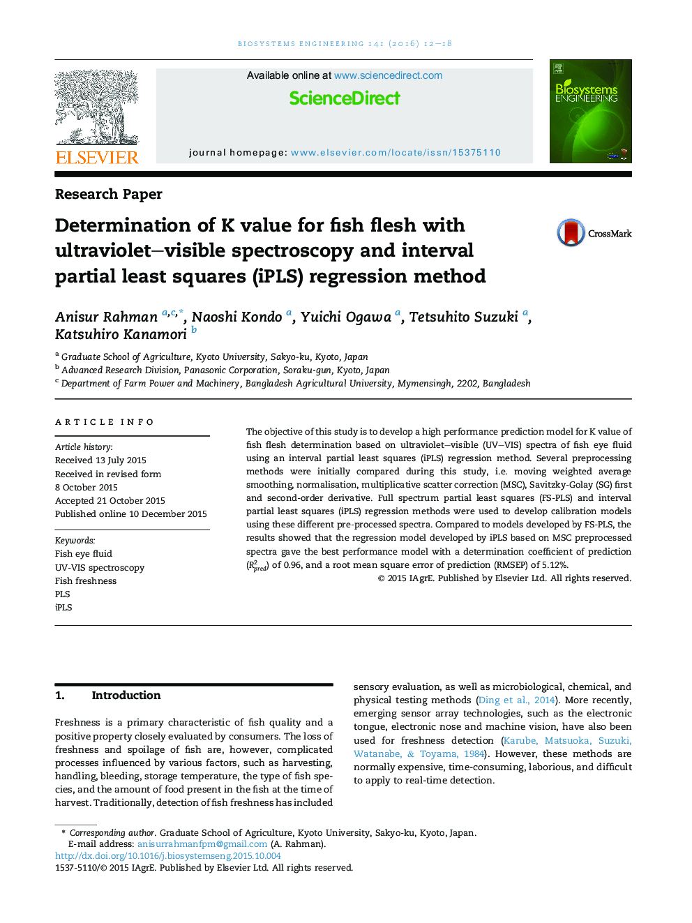 Determination of K value for fish flesh with ultraviolet–visible spectroscopy and interval partial least squares (iPLS) regression method