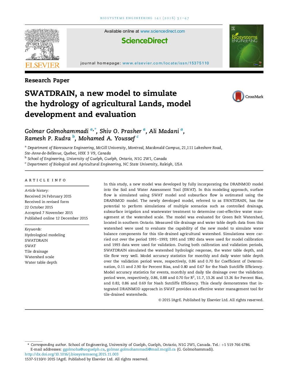 SWATDRAIN, a new model to simulate the hydrology of agricultural Lands, model development and evaluation