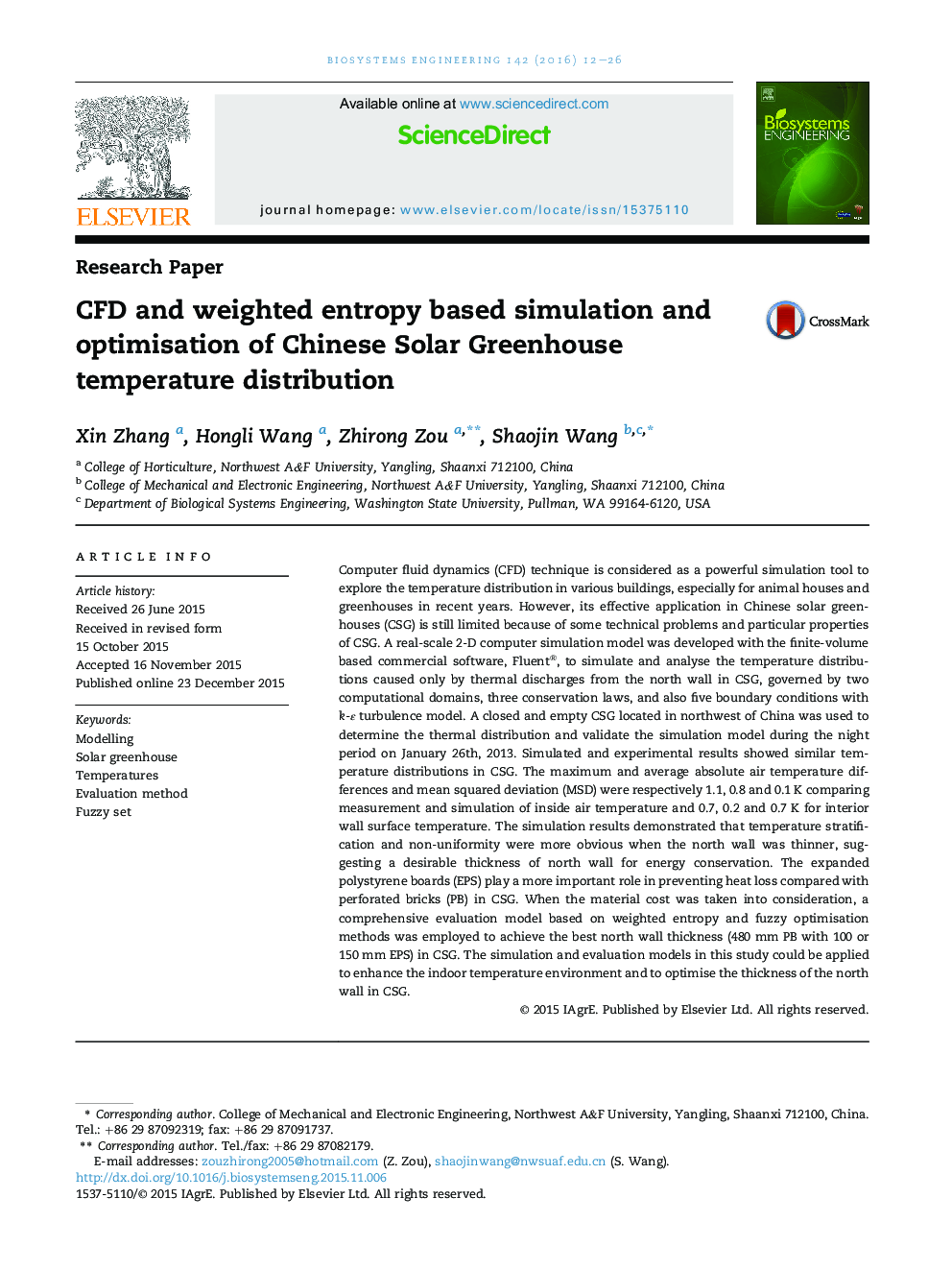 CFD and weighted entropy based simulation and optimisation of Chinese Solar Greenhouse temperature distribution