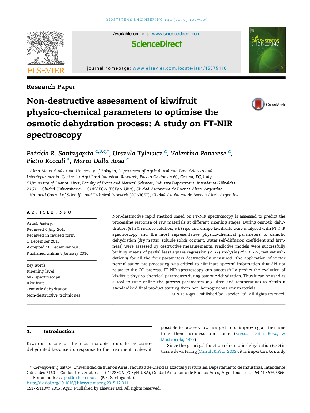 Non-destructive assessment of kiwifruit physico-chemical parameters to optimise the osmotic dehydration process: A study on FT-NIR spectroscopy