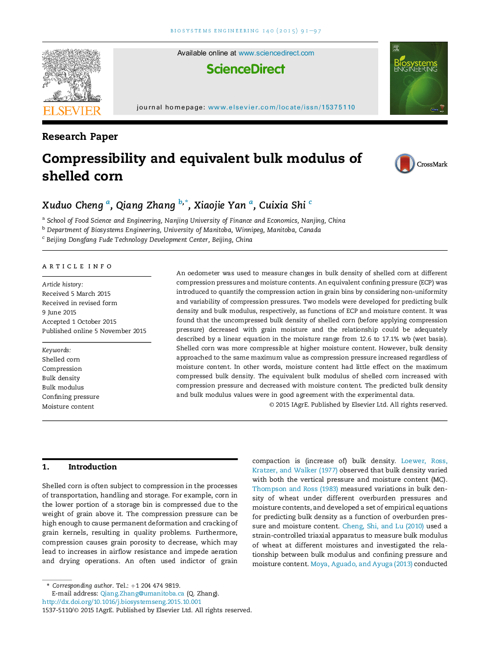 Compressibility and equivalent bulk modulus of shelled corn