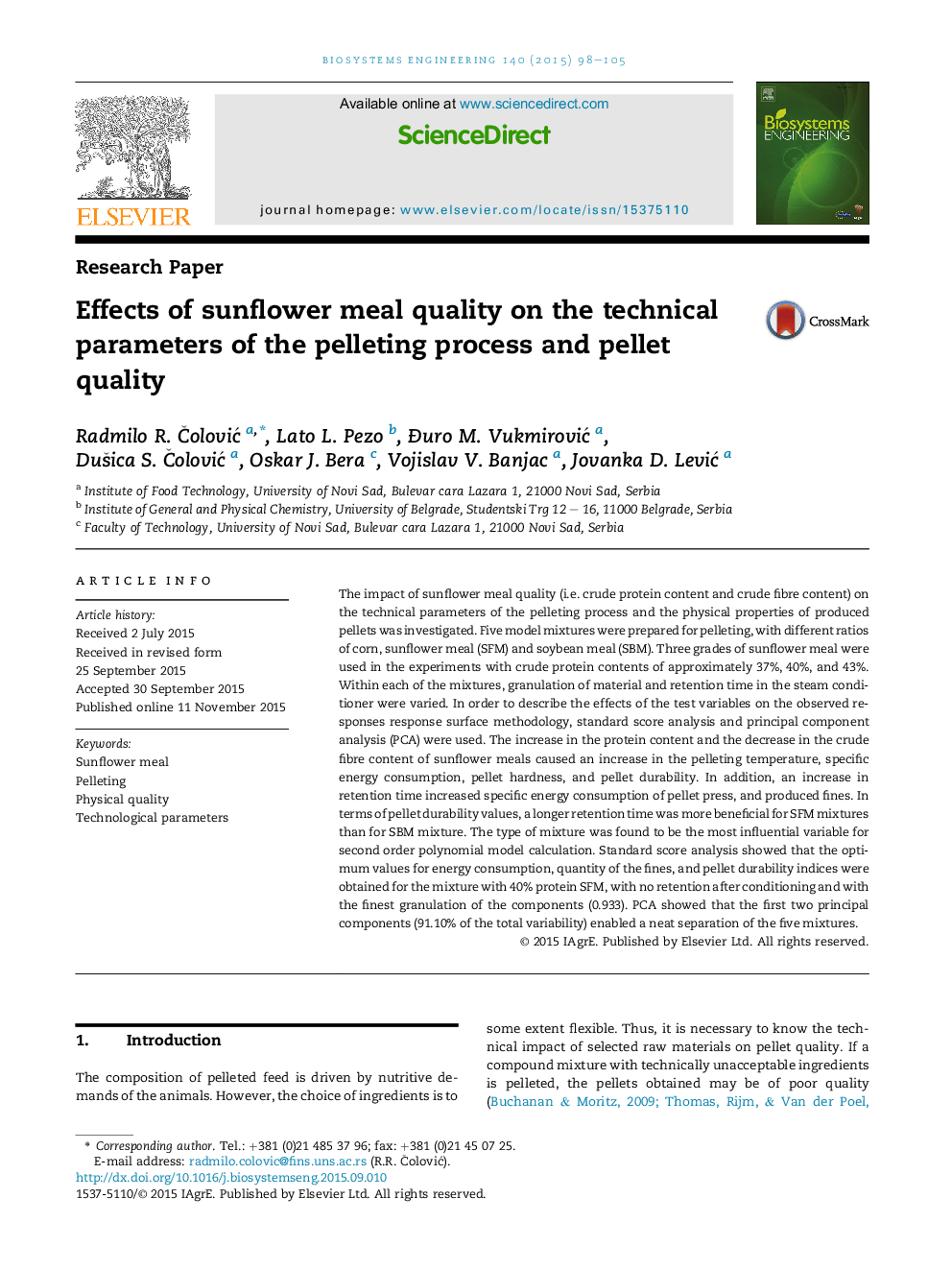 Effects of sunflower meal quality on the technical parameters of the pelleting process and pellet quality