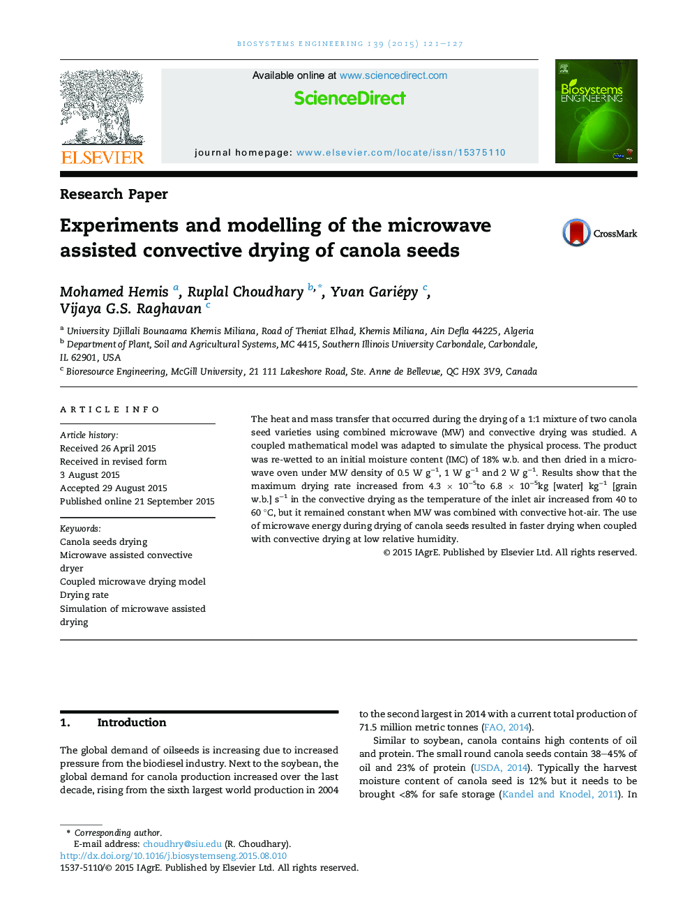 Experiments and modelling of the microwave assisted convective drying of canola seeds