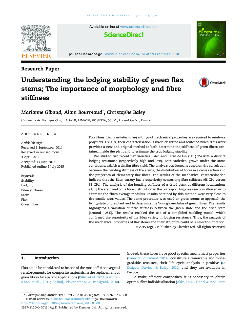 Understanding the lodging stability of green flax stems; The importance of morphology and fibre stiffness