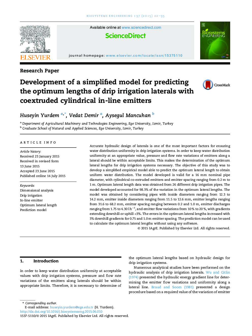 Development of a simplified model for predicting the optimum lengths of drip irrigation laterals with coextruded cylindrical in-line emitters