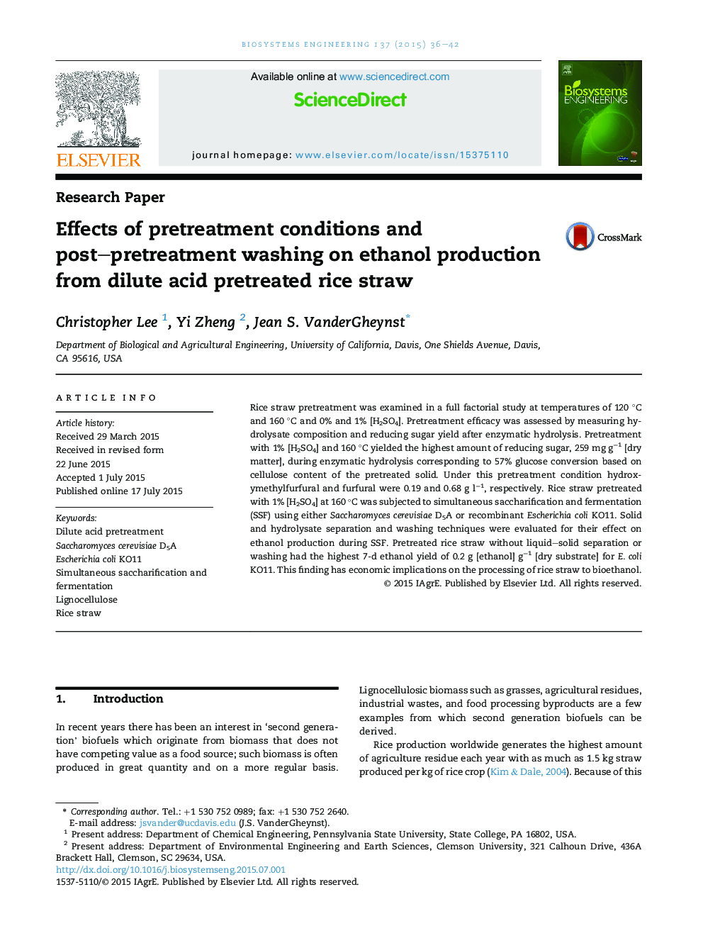 Effects of pretreatment conditions and post–pretreatment washing on ethanol production from dilute acid pretreated rice straw