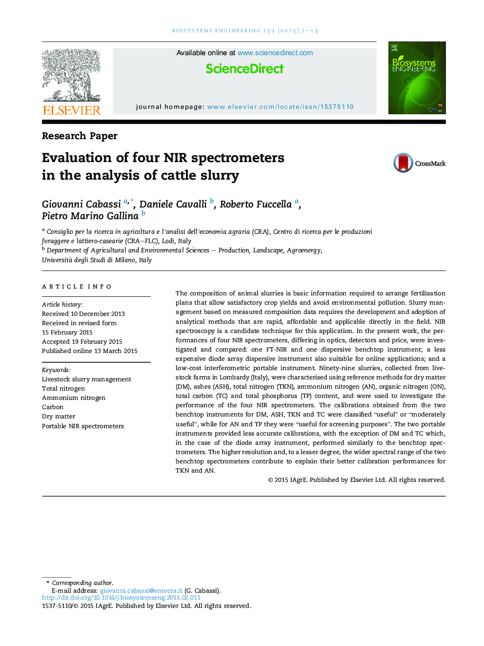 Evaluation of four NIR spectrometers in the analysis of cattle slurry