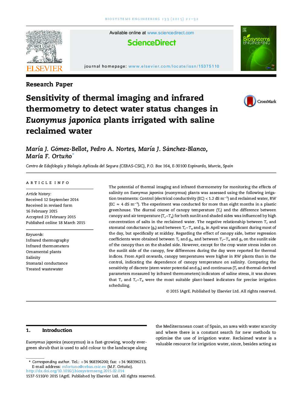 Sensitivity of thermal imaging and infrared thermometry to detect water status changes in Euonymus japonica plants irrigated with saline reclaimed water