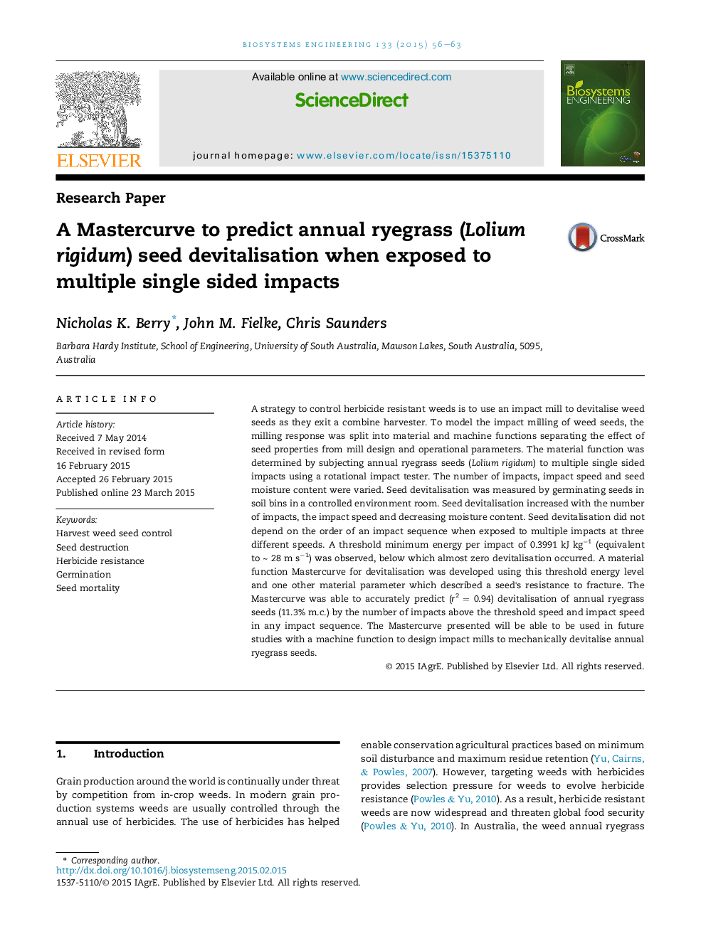 A Mastercurve to predict annual ryegrass (Lolium rigidum) seed devitalisation when exposed to multiple single sided impacts