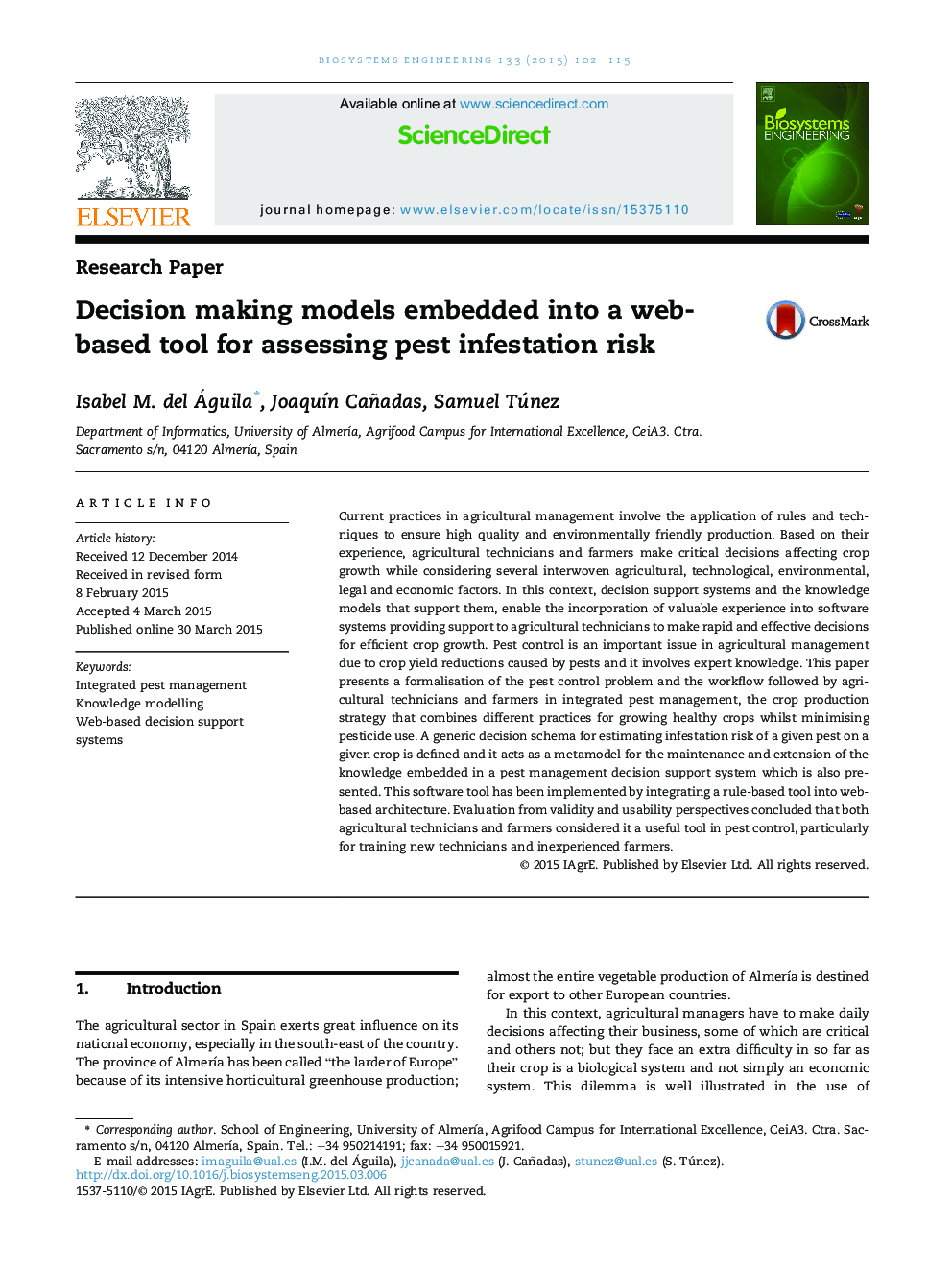 Decision making models embedded into a web-based tool for assessing pest infestation risk