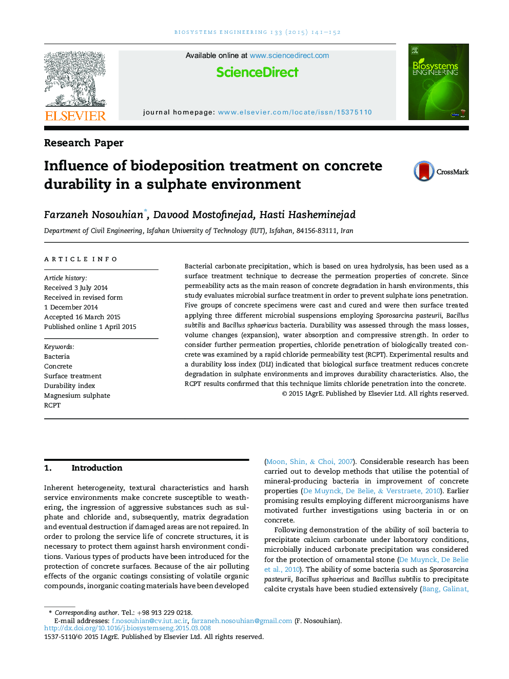 Influence of biodeposition treatment on concrete durability in a sulphate environment