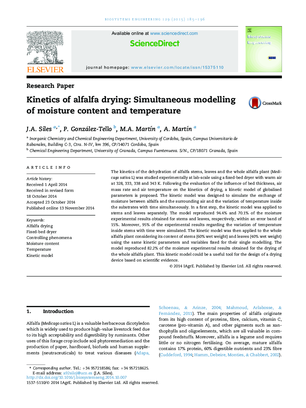 Kinetics of alfalfa drying: Simultaneous modelling of moisture content and temperature