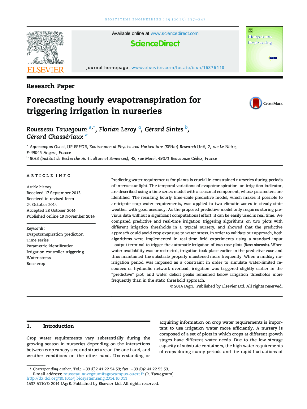 Forecasting hourly evapotranspiration for triggering irrigation in nurseries