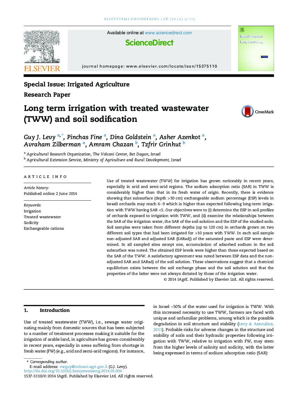 Long term irrigation with treated wastewater (TWW) and soil sodification