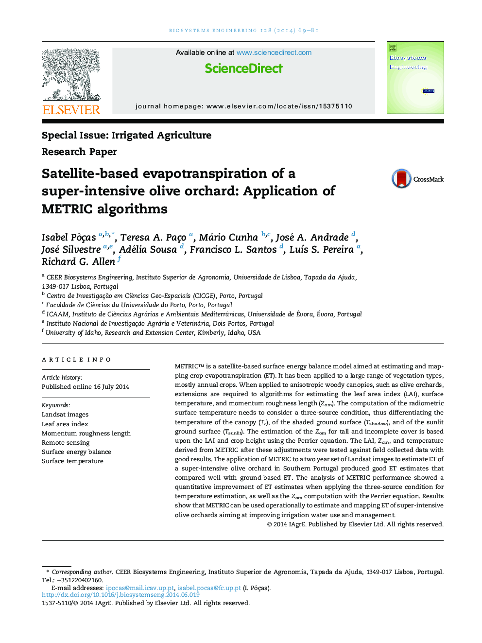 Satellite-based evapotranspiration of a super-intensive olive orchard: Application of METRIC algorithms