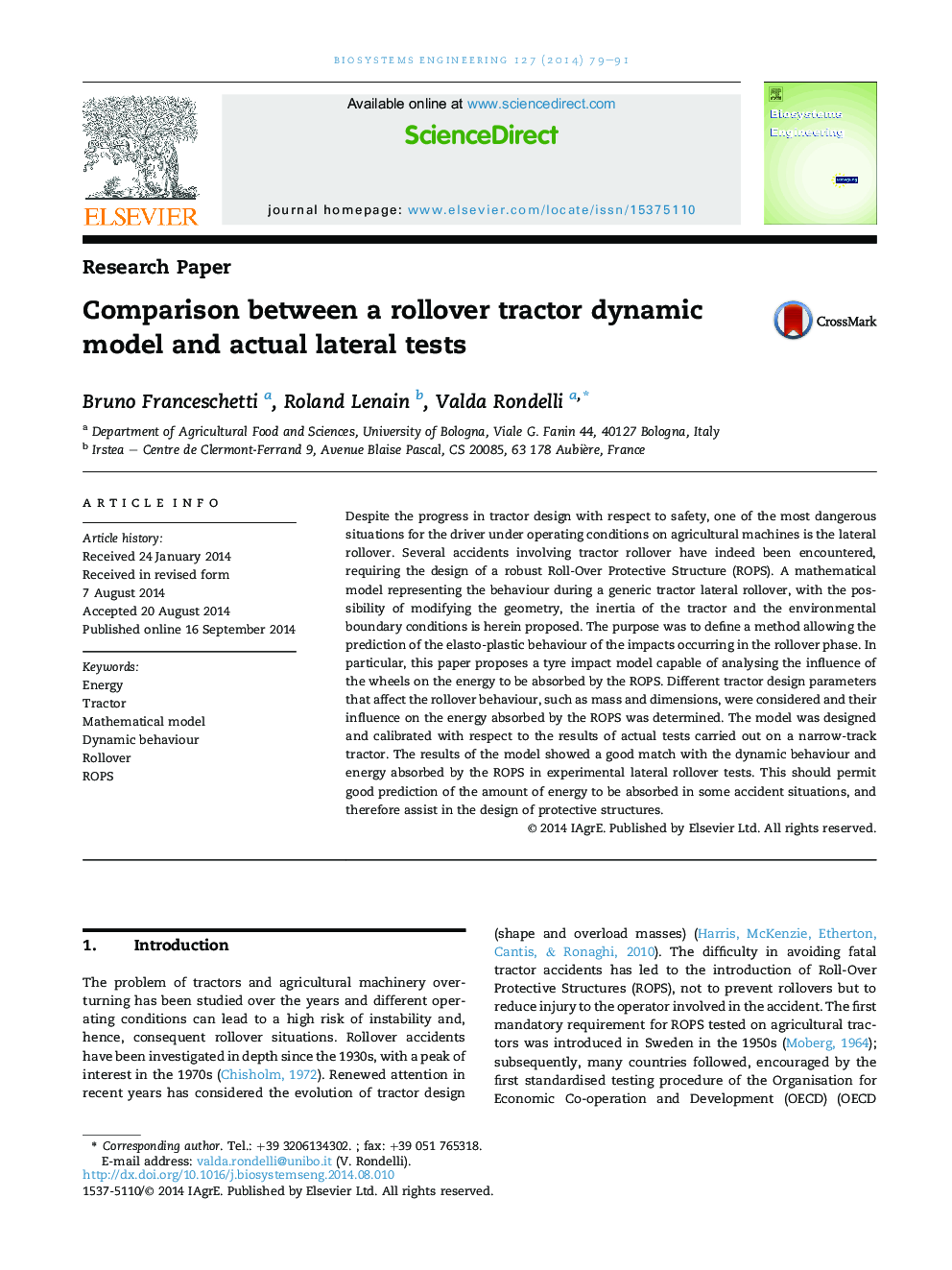 Comparison between a rollover tractor dynamic model and actual lateral tests