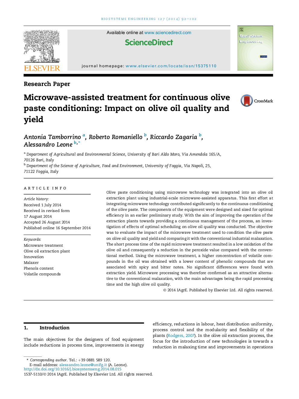 Microwave-assisted treatment for continuous olive paste conditioning: Impact on olive oil quality and yield