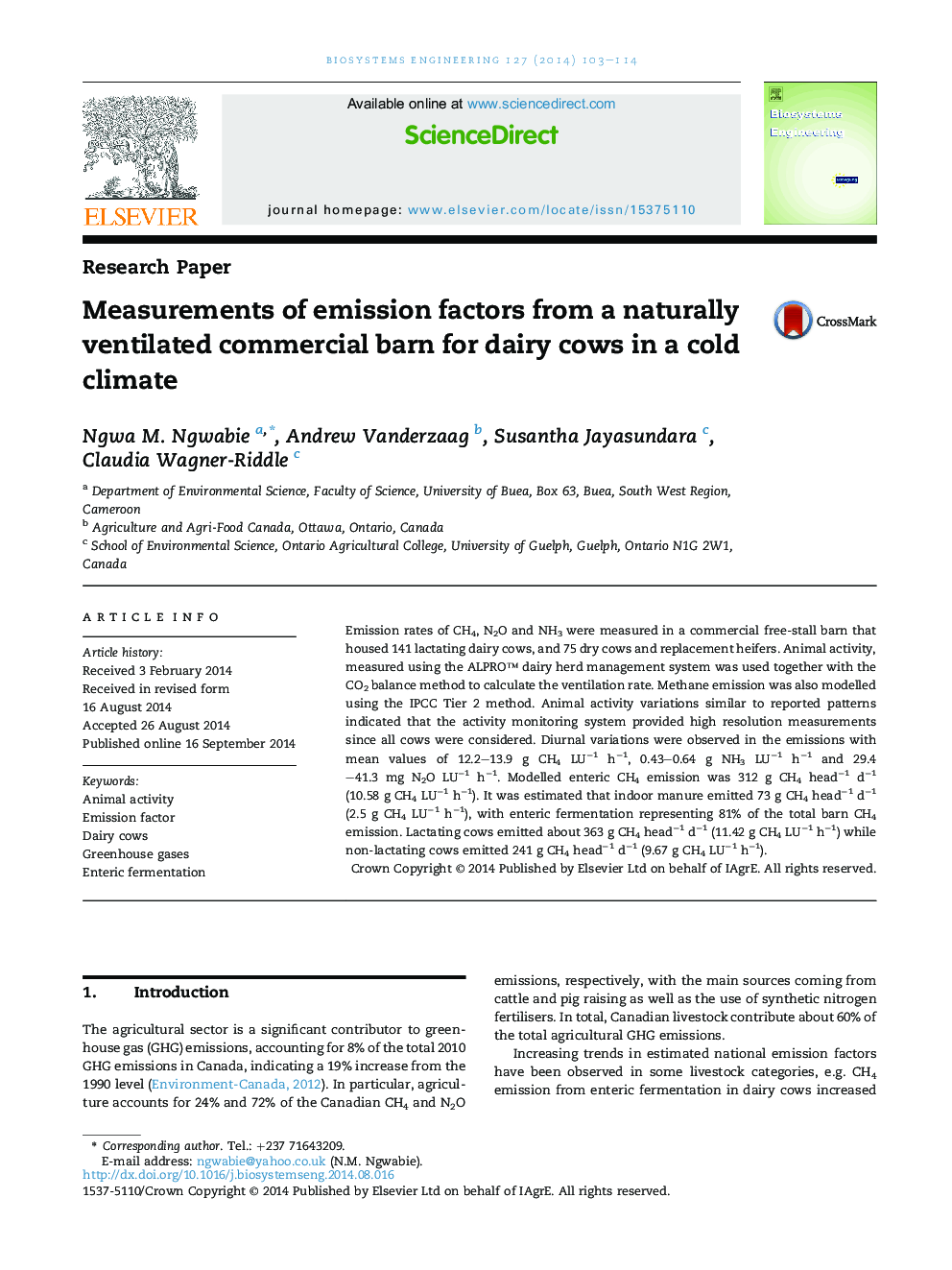 Measurements of emission factors from a naturally ventilated commercial barn for dairy cows in a cold climate