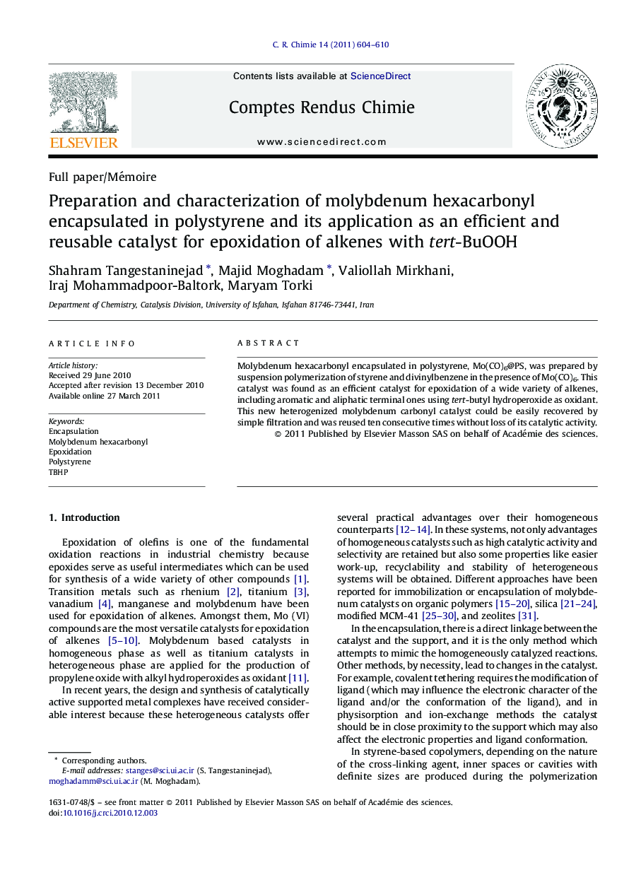 Preparation and characterization of molybdenum hexacarbonyl encapsulated in polystyrene and its application as an efficient and reusable catalyst for epoxidation of alkenes with tert-BuOOH