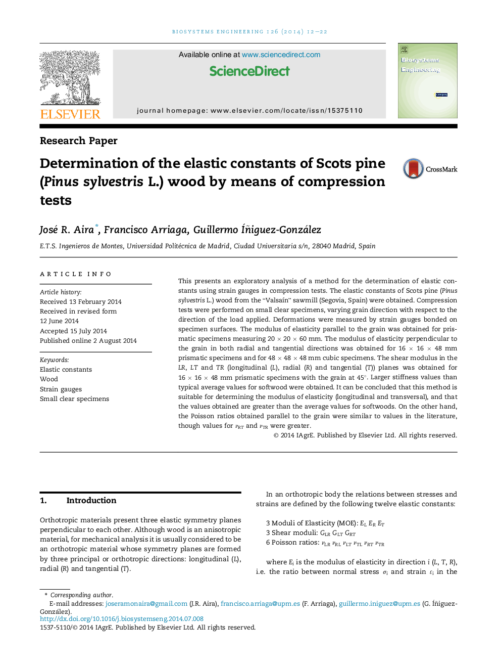 Determination of the elastic constants of Scots pine (Pinus sylvestris L.) wood by means of compression tests