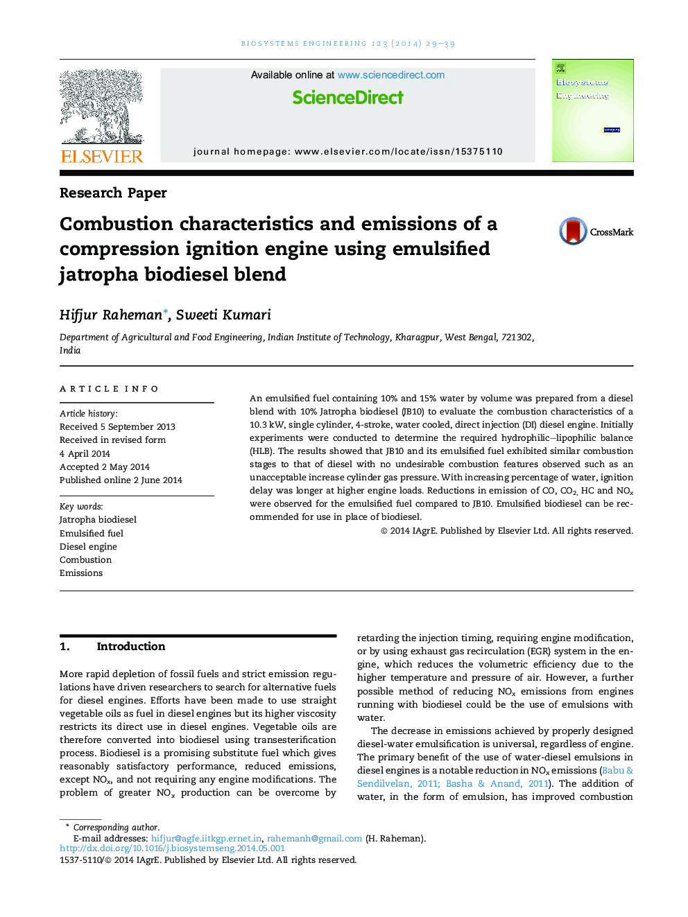 Combustion characteristics and emissions of a compression ignition engine using emulsified jatropha biodiesel blend